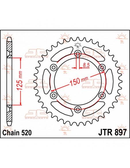 JT SPROCKETS R897.44 HINTEN KETTENRAD 44 ZÄHNE 520 TEILUNG NATUR C49 KOHLENSTOFFREICHER STAHL Bild 2