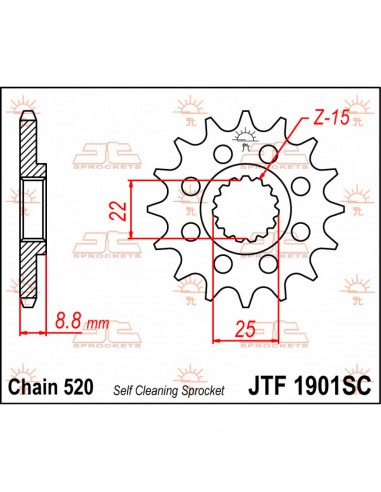 JT SPROCKETS F1901.15SC VORDERES SELBSTREINIGENDES KETTENRAD 15 ZÄHNE 520 PITCH NATÜRLICHE CHROMOLY STAHLLEGIERUNG