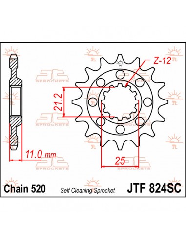 JT SPROCKETS F824.13SC VORDERES SELBSTREINIGENDES KETTENRAD 13 ZÄHNE 520 PITCH NATÜRLICHE CHROMOLY STAHLLEGIERUNG